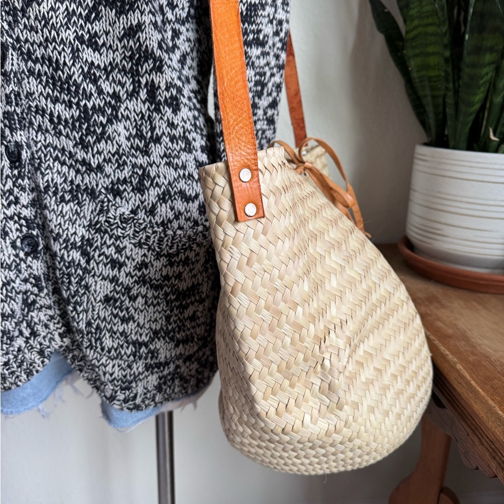 Woven Straw Shoulder Tote Bag with Leather Trim - Natural - Picture 6 of 12
